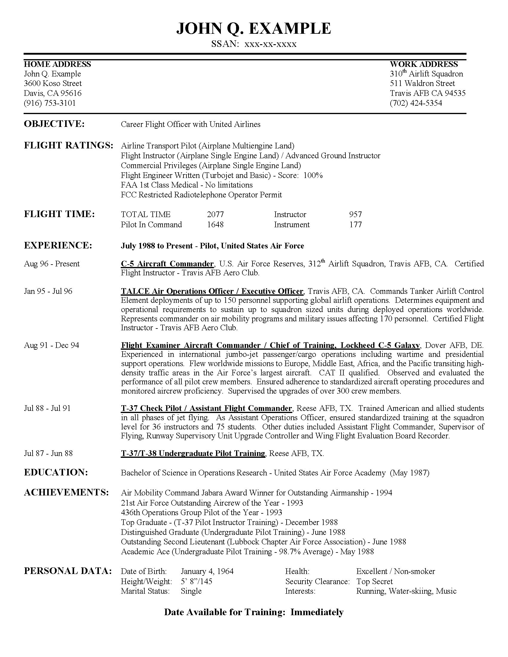 Airline Pilot Hiring - Example Resume